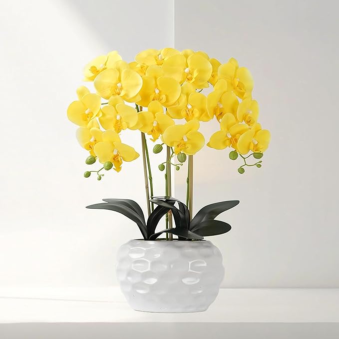 Orchid Artificial Flowers with White Vase Large Silk Faux Phalaenopsis Flowers for Dining Room Table Floral Centerpieces Indoor Decoration,Yellow-Ruum Studio Home