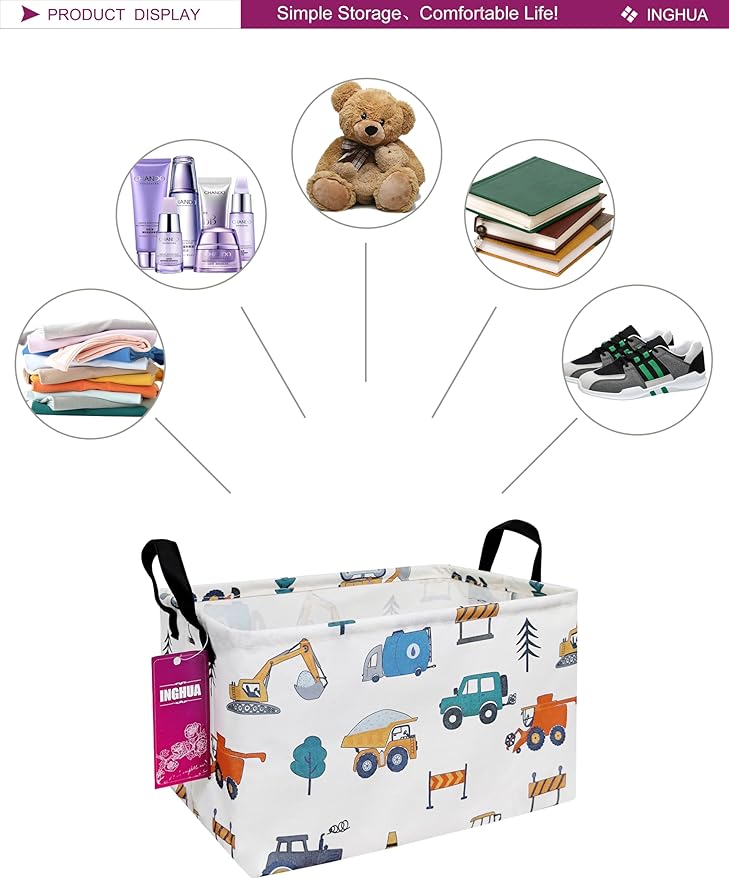 Rectangular Storage Basket Fabric Organizer Bin for Toys,Books,Clothes,Gifts,Pets-Perfect for Home,Office,Nursery,Dorm,Shelf(Rec-Vehicles)-Ruum Studio Home