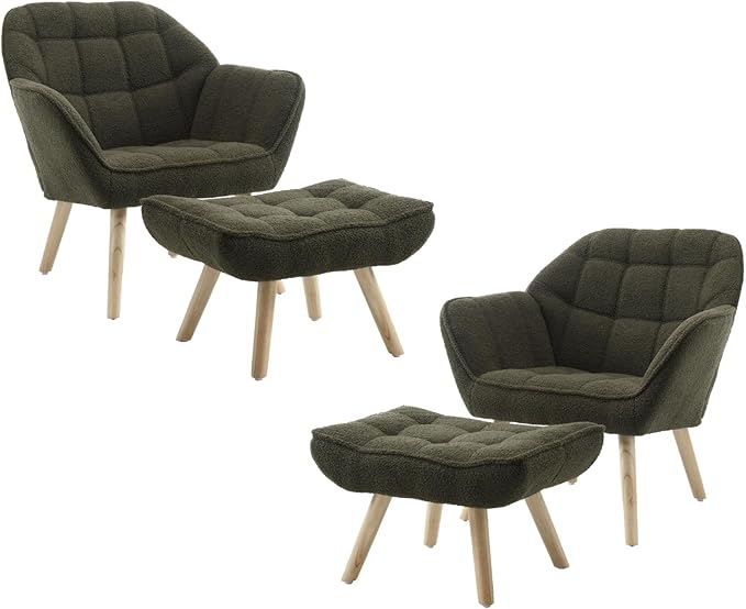 Modern Sherpa Accent Chair with Ottoman Set of 2, Fluffy Upholstered Lounge Chair with Footrest, Comfy Living Room Side Boucle Armchair for Small Space Bedroom, Green-Ruum Studio Home