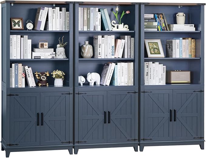 5 Tier Bookshelf 70in Tall Bookcase with Barn Doors and Storage Cabinet, Blue Farmhouse Book Shelf with Adjustable Shelves, Wood Freestanding Display Bookshelves for Bedroom, Kitchen (3PCS)-Ruum Studio Home