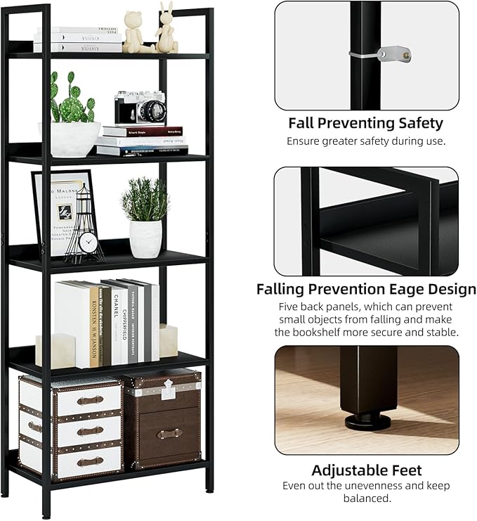 NUMENN Bookshelf, 5 Tier Bookshelves, Home Office Bookcase Shelf Storage Organizer, Free Standing Storage Shelving Unit for Bedroom, Living Room and Home Office, Black-Ruum Studio Home