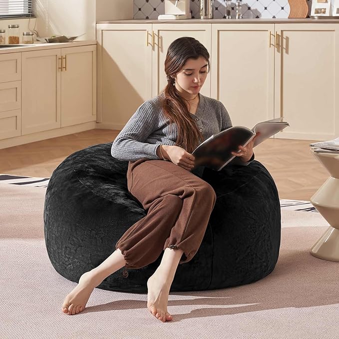 Bean Bag Chair 3Ft, Memory Foam Filled, Large Beanbag Chairs for Adults and Teens, Soft Sofa with Removable Flannel Cover, Round Couch for Living Room Bedroom College Dorm (Black, 3FT-36×36"×24")-Ruum Studio Home