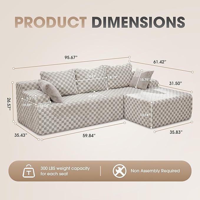 Hobestluk 96“ Modular Sectional Sofa Couches L-Shape Couch 3 Seat Modular Sofa Sectional Couches for Living Room, Cloud Couch with Oversized Chaise (Greygreen, Checked (Right Facing Chaise))-Ruum Studio Home