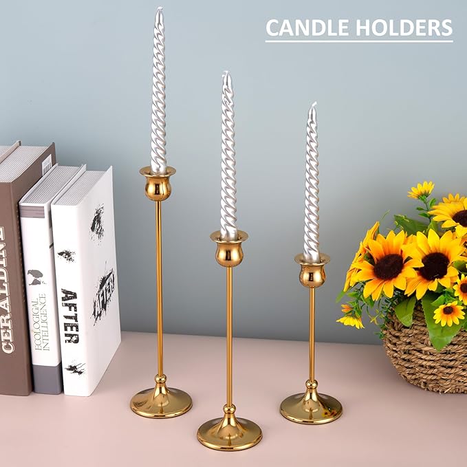 Taper Candle Holder Tall Vintage Metal Candlestick Holders Candle Stick Candelabra for Halloween Thanksgiving Christmas Holiday Wedding (Gold, 2 Sets (6 pcs))-Ruum Studio Home