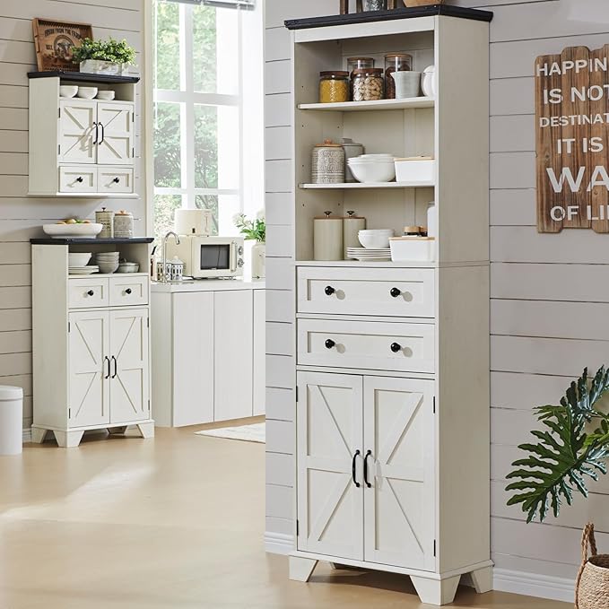 72" Tall Bathroom Storage Cabinet, Farmhouse Storage Cabinet with 2 Drawers, Adjustable Shelves & Barn Door, Cabinet for Bathroom, Living Room, Kitchen, Off White-Ruum Studio Home