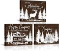 HOMEOART Camper Decor RV Wall Art Happy Campers Adventure Camping Wall Decor Sign, Deer in Forest Farmhouse Cabin Decoration,Framed 12x16inchx3Piece, Rustic Brown-Ruum Studio Home