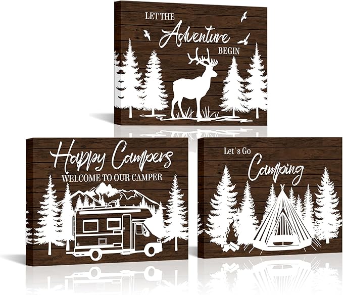 HOMEOART Camper Decor RV Wall Art Happy Campers Adventure Camping Wall Decor Sign, Deer in Forest Farmhouse Cabin Decoration,Framed 12x16inchx3Piece, Rustic Brown-Ruum Studio Home