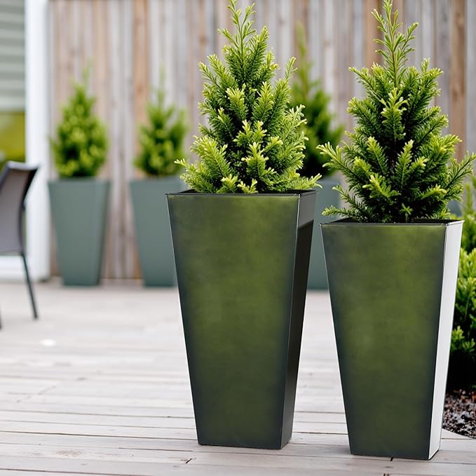 WORTH Garden Large Metal Glazed Planter Set of 2 (25" + 28"), Luxurious Glossy Finish Green Tall Square Tapered Steel Plant Pot, Decor Flower Pot Indoor & Outdoor, Drainage Hole & Dual-Purpose Saucer-Ruum Studio Home