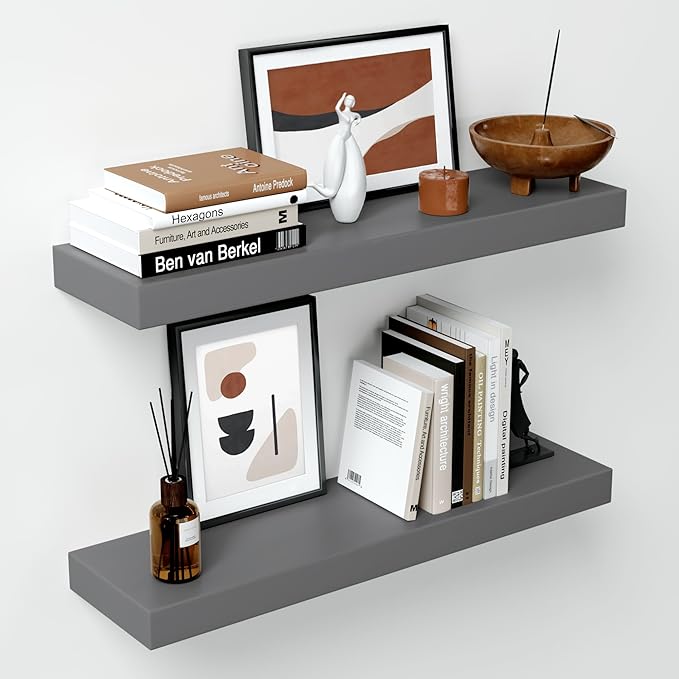 Homeforia 24inch Gray Floating Shelves for Wall, High End Solid Real Wood 24in Floating Shelf for Bathroom, Grey Wooden 24 inch Long Floating Shelves, Heavy Duty Bracket, 24 X 6.5 X 1.75 in, Set of 2-Ruum Studio Home