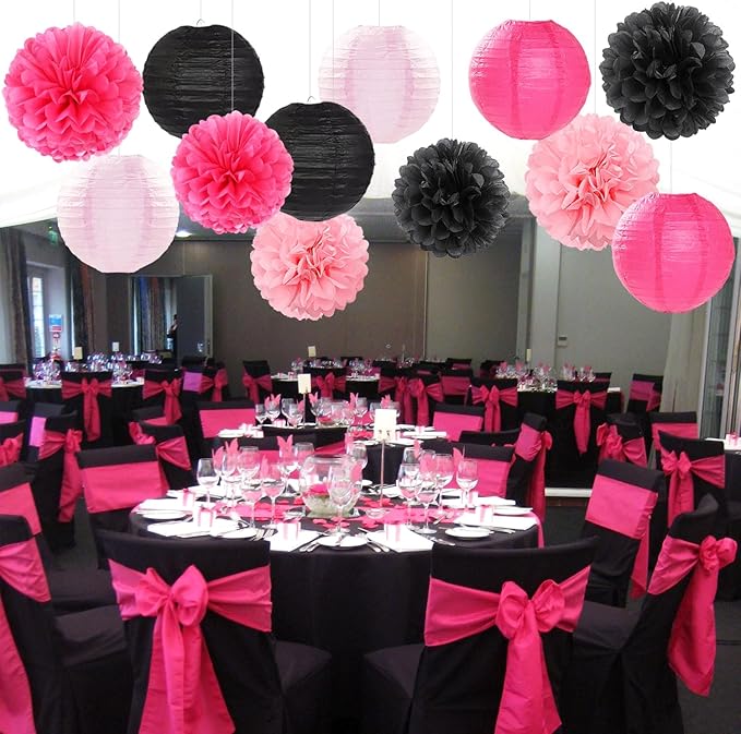 Hot-Pink Black Party-Decorations Paper Flowers Lanterns - 15PCS Graduation Birthday Tissue Pom Poms Streamers,Baby Girl Women Bachelorette Hanging Supplies Decor Hugfond-Ruum Studio Home