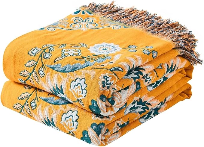 Boho Throw Blanket, 100% Cotton Ultra Soft Luxury Throw Rustic Quilt, Floral Printed Farmhouse Decor Bed Summer Blankets, All Season Rustic Reversible Bohemian Throw for Bed (60"x80" Yellow-Ruum Studio Home