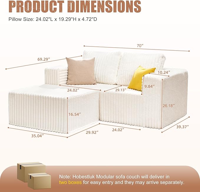 Hobestluk Modular Sectional Sofa Memory Foam Couch L Shape Sofa for Living Room Loveseat with Chaise Lounge Cloud Couch with Removable Cover (Stripe White, Loveseat with Chaise)-Ruum Studio Home