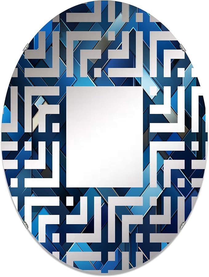 Symmetric Cubes in Deep Cobalt Blue - Geometric Maze - 20x30 Inches - Oval Decorative Wall Mirror for Bathroom, Bedroom, Entryway, Living Room, Vanity Room and Modern Décor-Ruum Studio Home