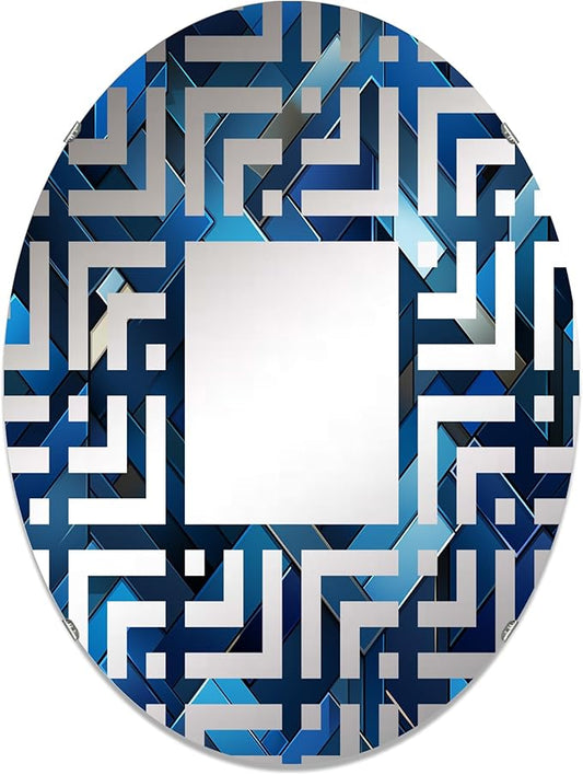 Symmetric Cubes in Deep Cobalt Blue - Geometric Maze - 20x30 Inches - Oval Decorative Wall Mirror for Bathroom, Bedroom, Entryway, Living Room, Vanity Room and Modern Décor-Ruum Studio Home