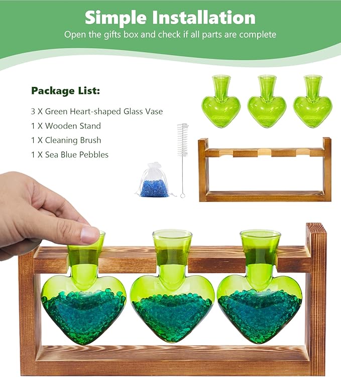 Nacome Plant Terrarium for Office Decor: Birthday Gifts for Plant Lovers Women Mom Wife - Wooden Stand Tabletop Planter 3 Bulb Glass Vase Heart Shaped for Hydroponics Indoor Home(Green)-Ruum Studio Home