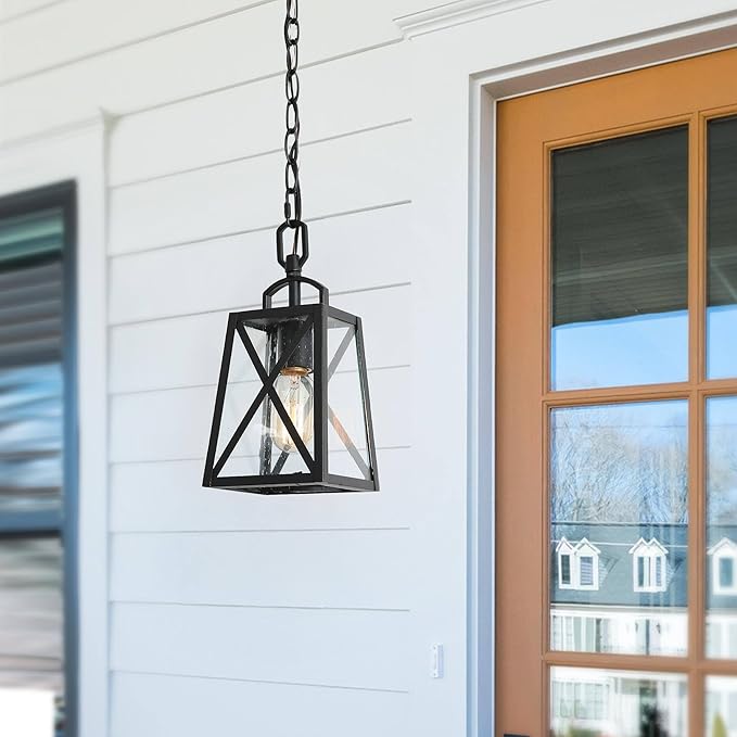 LOG BARN Outdoor Pendant Light Fixture, Farmhouse Exterior Lights, Anti-Rust Ceiling Outdoor Light with Seeded Glass, Lantern Hanging Light for Front Door, Entry, Porch, and Gazebo-Ruum Studio Home