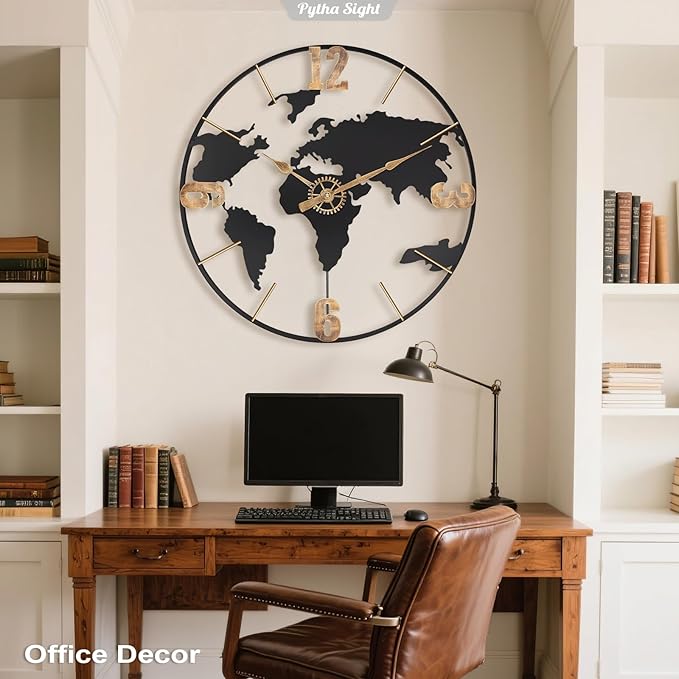 22 Inch Large Wall Clock,Modern Decorative Big World Map with Vintage Gold Arabic Numeral Extra Giant Metal Oversized Wall Clocks for Living Room,Office,Kitchen,Dining Room,Bedroom-Ruum Studio Home