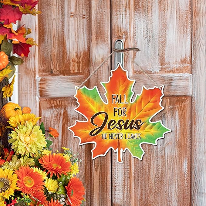 Maple Leaf Fall Decor, Fall for Jesus He Never Leaves Decor Sign Farmhouse Autumn Wreaths for Front Door Christian Jesus Hanger Sign Home Wall Autumn Halloween Thanksgiving Decoration-Ruum Studio Home