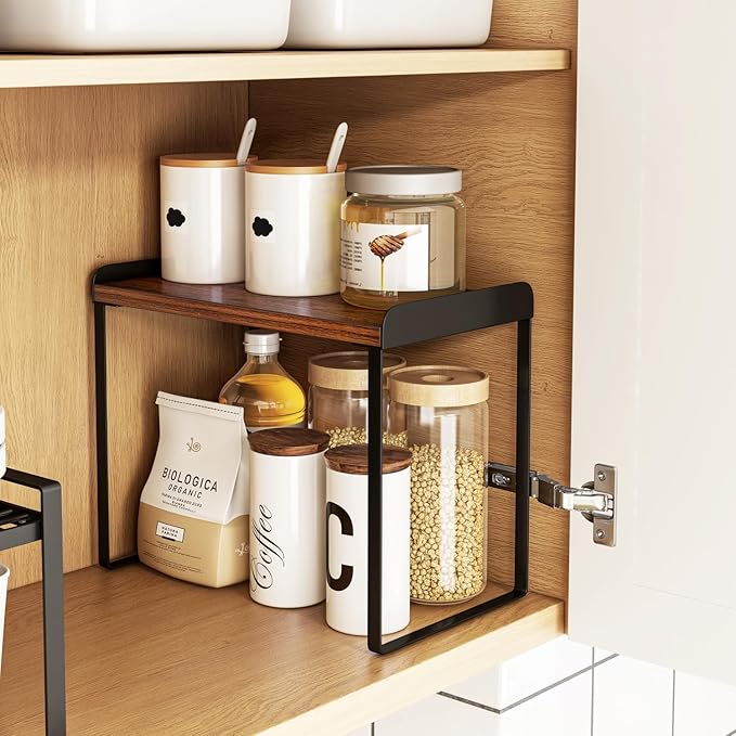 Mitus Shelf Organizer and Storage, Tiered Wood Cabinet Rack for The Kitchen Counter, Bathroom Counter, Pantry Cupboard, Office Desk Bookshelf, 12" Wide Walnut Brown and Black-Ruum Studio Home