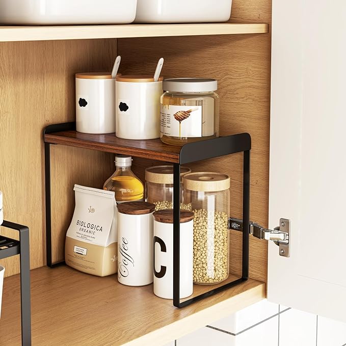 Mitus Shelf Organizer and Storage, Tiered Wood Cabinet Rack for The Kitchen Counter, Bathroom Counter, Pantry Cupboard, Office Desk Bookshelf, 16" Wide Walnut Brown and Black-Ruum Studio Home