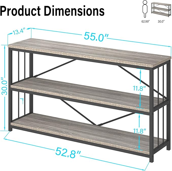 LVB Farmhouse Industrial Console Table, Wood Metal Foyer Entryway Sofa Tables with Storage, 3 Tier Long Rustic Entry Table TV Stand with Shelves for Home Living Room Hallway, Light Grey Oak, 55 Inch-Ruum Studio Home