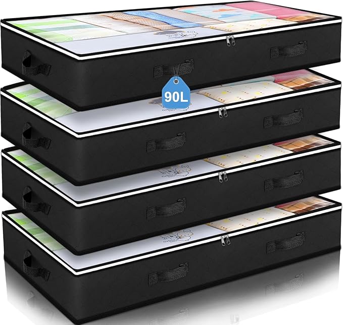 Budding Joy 90L Under Bed Storage Containers, Closet Organizers and Storage Bins, Foldable Underbed Storage Bags for Blankets, Towels, Comforter, Sweaters, Pillows, Linen Sheets, Wrapping Paper，Black-Ruum Studio Home