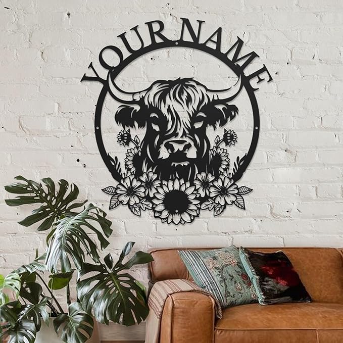 Personalized Highland Cow Name metal Signs,Custom Highland Cow Metal Shed Wall Decor,Black Metal Wall Art Plaques Outdoor wall Decorative Signage (Style H)-Ruum Studio Home