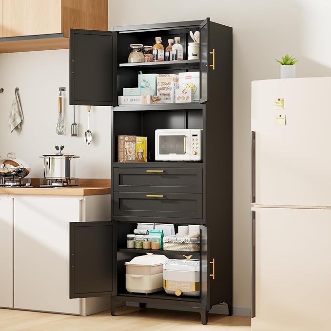 75” Tall Kitchen Pantry Storage Cabinet, Metal Storage Cabinet with 2 Drawers and Adjustable Shelves, Kitchen Pantry Cupboard, Freestanding Cupboard for Bathroom, Living Room(Black)-Ruum Studio Home