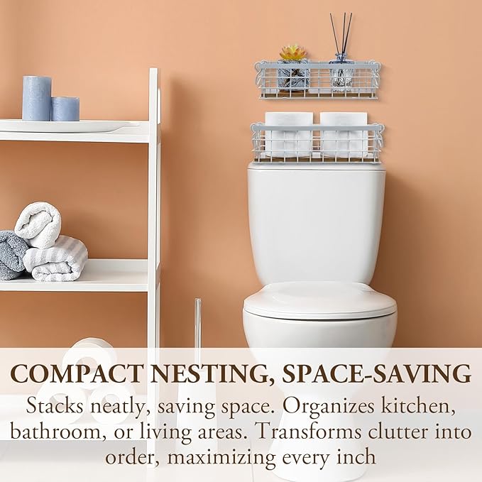 MyGift 13 and 12 Inch Nesting Storage Baskets with Handles, Wall Mounted or Tabletop White Metal Wire and Premium Acacia Wood Decorative Shelf Organizer Bins, 2 Piece Set-Ruum Studio Home