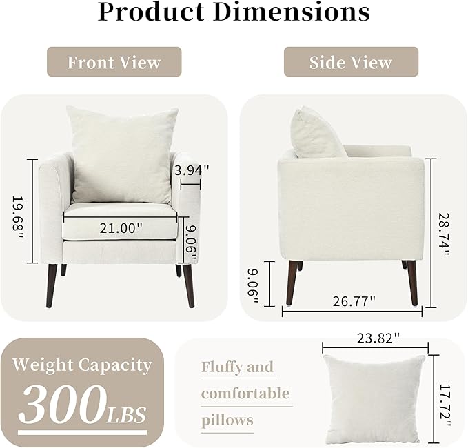 Barrel Accent Chair Set of 2 with Back Pillow, Large Upholstered Armchair with Solid Wood Legs Modern Reading Chairs for Living Room Bedroom-Ruum Studio Home