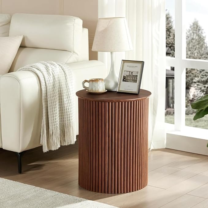 AVZEAR Fluted Round Side Table Small Mid Century End Table, 17.7" Fluted Nightstands Modern Circle Bedside Tables, Wood Night Stand for Small Spaces, Living Room, Bedroom (Rustic Walnut)-Ruum Studio Home