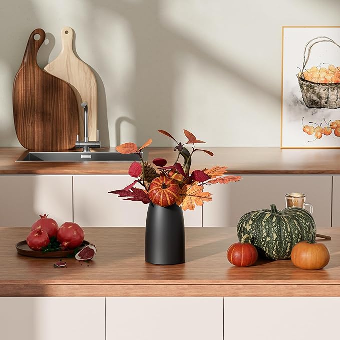Autumn Artificial Potted Plant Decorations, Maple Leaves, Pinecones, Pumpkins with Black Ceramic Vase for Home,Thankgiving Table Decoration-Ruum Studio Home