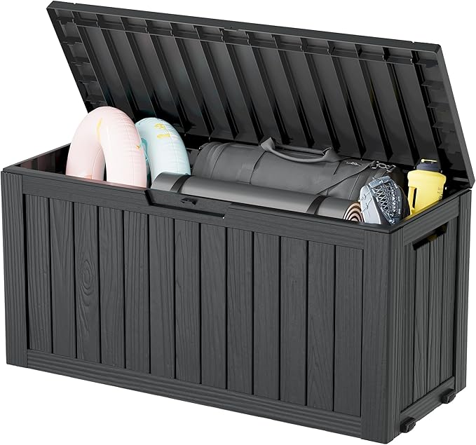 KAMABOKO Deck Box, 75 Gallon Resin Indoor and Outdoor Storage Boxes Waterproof for Garden Tools, Pool Accessories Storage Bench, Patio Furniture and Cushions with Lockable Lid, Black-Ruum Studio Home