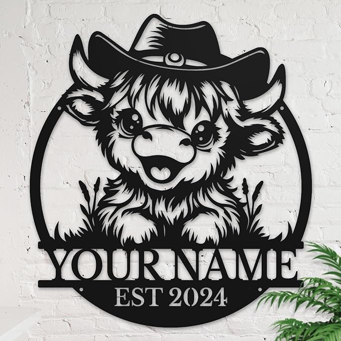 Personalized Highland Cow Name metal Signs,Custom Highland Cow Metal Shed Wall Decor,Black Metal Wall Art Plaques Outdoor wall Decorative Signage (Style A)-Ruum Studio Home