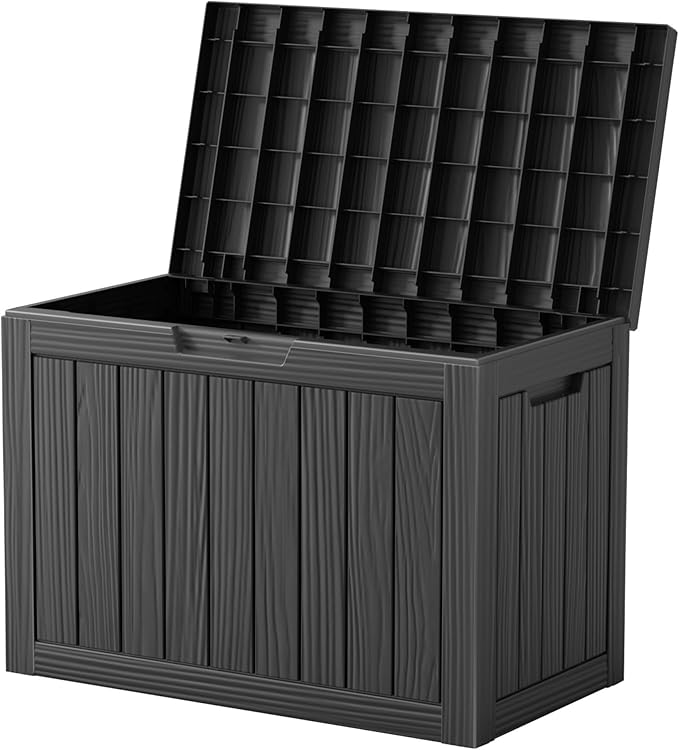 45 Outdoor Storage Box, Waterproof Resin Deck Box with Side Handles, Lockable Outdoor Bench for Indoor & Outdoor Use, Storage Bin for Patio Cushions, Garden Tools, Package Delivery, Black-Ruum Studio Home