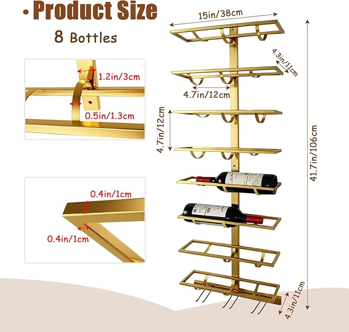 8 Bottle Wall Mount Wine Rack with Wine Glass Holder, Metal Wine Wall Rack, Wall Racks for Wine Bottles Display and Storage, Hanging Bottle Organizer for Living Dining Room Wine Cellar Bar (Gold)-Ruum Studio Home