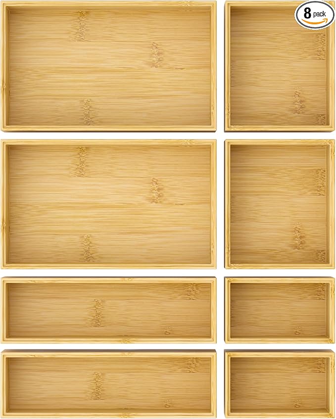 Bathroom Drawer Organizer Trays, Bamboo Silverware Drawer Organizer Kitchen Utensils, 8 PCS Wood Box Stackable Bins for Makeup, Office Desk, Vanity, Junk Drawer-Ruum Studio Home