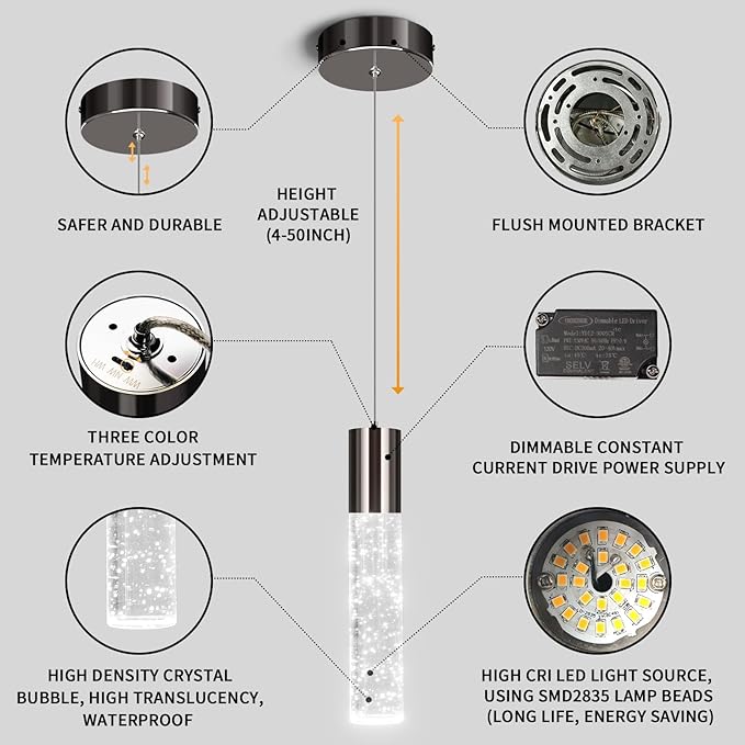 OKELI Modern Pendant Light,3Color LED Bubble Crystal Island Light Fixtures,Black Mini Pendant Lighting for Kitchen Island,Bar,6W,3000-6000K,ETL-Ruum Studio Home