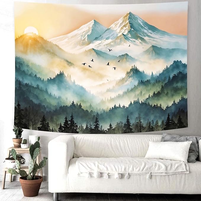 Delur Mountain Tapestry Boho Misty Sunset Forest Tree Tapestry Wall Hanging Sunrise Nature Landscape Psychedelic Headboard for Bedroom Living Room Home Decor (51.2" x 59.1")-Ruum Studio Home