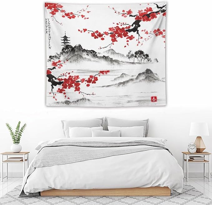 Cherry Blossoms Tapestry, Japanese Fuji Mountain Tapestry, Asian Japanese Wall Tapestry, Nature Landscape Tapestries for Bedroom Living Room Decor 60"x50"-Ruum Studio Home