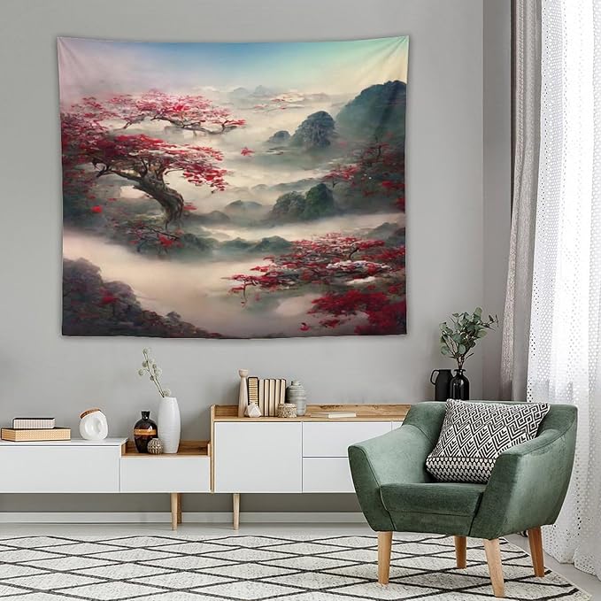 Japanese Tapestry, Red Plum Cherry Blossom Mountain Tapestry, Asian Japanese Wall Tapestry, Nature Landscape Tapestries for Bedroom Living Room Decor 60"x50"-Ruum Studio Home