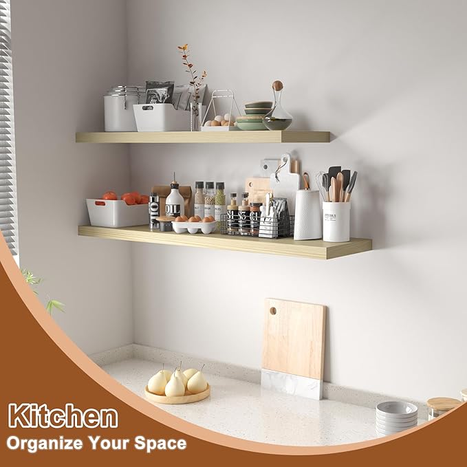 40 Inch Floating Shelf 3 Pack Large Floating Shelves for Wall No Drilling Accessories Included Deep Wall Shelves for Living Room Kitchen Farmhouse 40" W x 12" D x 1.2" Oak-Ruum Studio Home