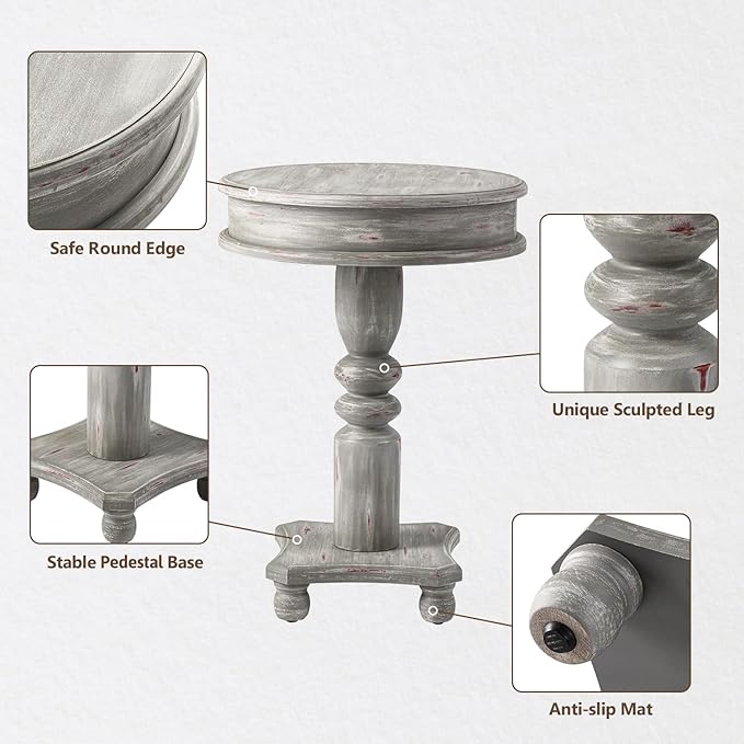 COSIEST Rustic Accent Side Table, Farmhouse Wood Pedestal Table Round End Table for Living Room, Bedroom, Distressed Whitewash Finish, Grey Color-Ruum Studio Home