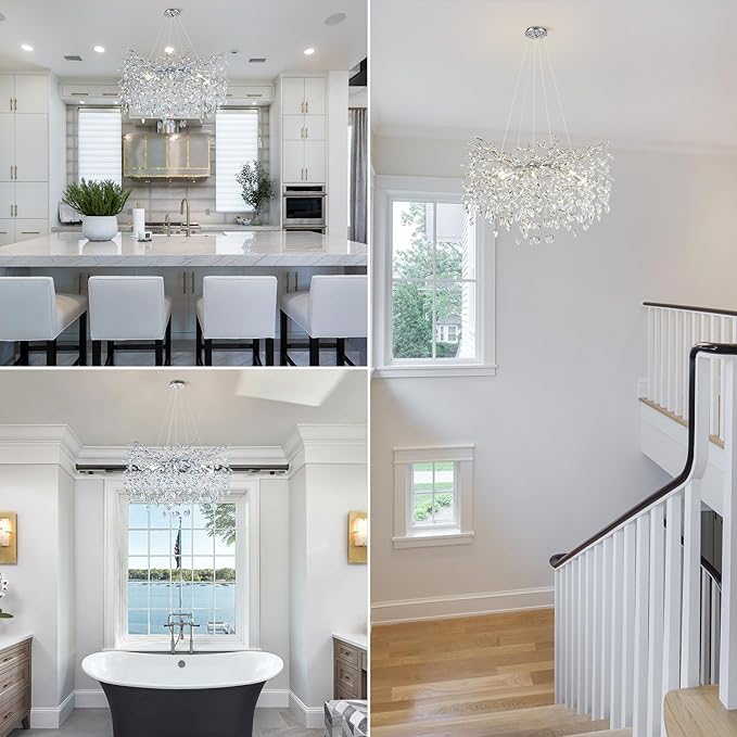 Modern Round Crystal Chandeliers, 30" Crystal Chandeliers for Dining Room,Silver Tree Branches Chandelier, for Living Room,High Ceiling,Foyer,Entryway,Kitchen Island-Ruum Studio Home
