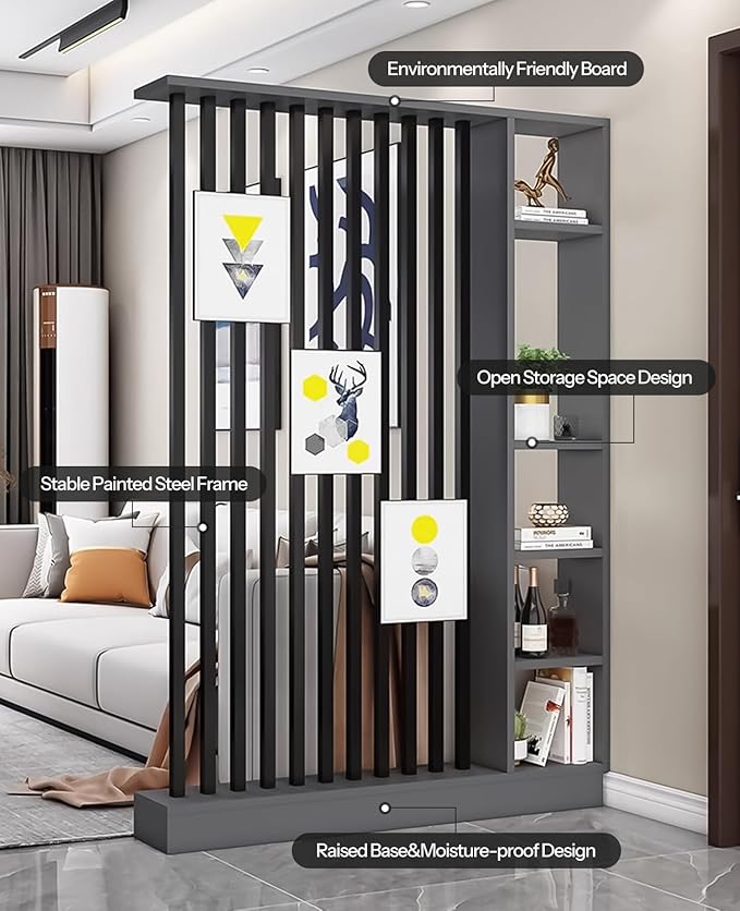 Wall Room Divider, Storage Cabinet Storage Display with Shelves, Modern Freestanding Wood Room Divider Screen, Wall Privacy Screens for Home Decorative (Grey+Black,55" L x 9.5" W x 79.5" H)-Ruum Studio Home