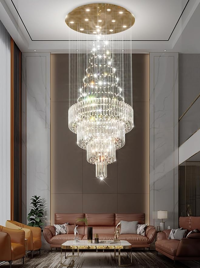 D32''X H100'' Modern Crystal Raindrop Gold Chandelier Lighting for Entrance, Stairs, Doorway, Crystal Ornament Chandelier Can be Used on Sloping Ceiling-Ruum Studio Home