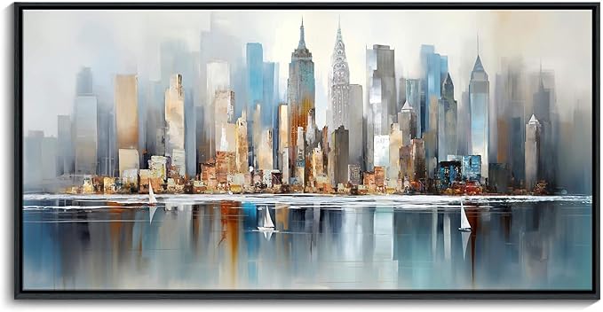 DUNHUANG ART Modern New York City Skyline Wall Art - Abstract Colorful Manhattan Sky Painting for Home & Office Decor - Large Framed Cityscape Picture 24"x48"-Ruum Studio Home