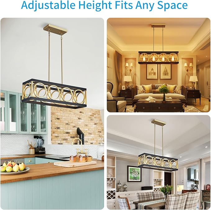 XINGQI Modern Rectangle Chandelier, Farmhouse Kitchen Island Lighting Rustic Industrial Hanging Light Fixture 4-Light Metal Linear Pendant for Dining Room Living Room Hallway, Black and Gold-Ruum Studio Home