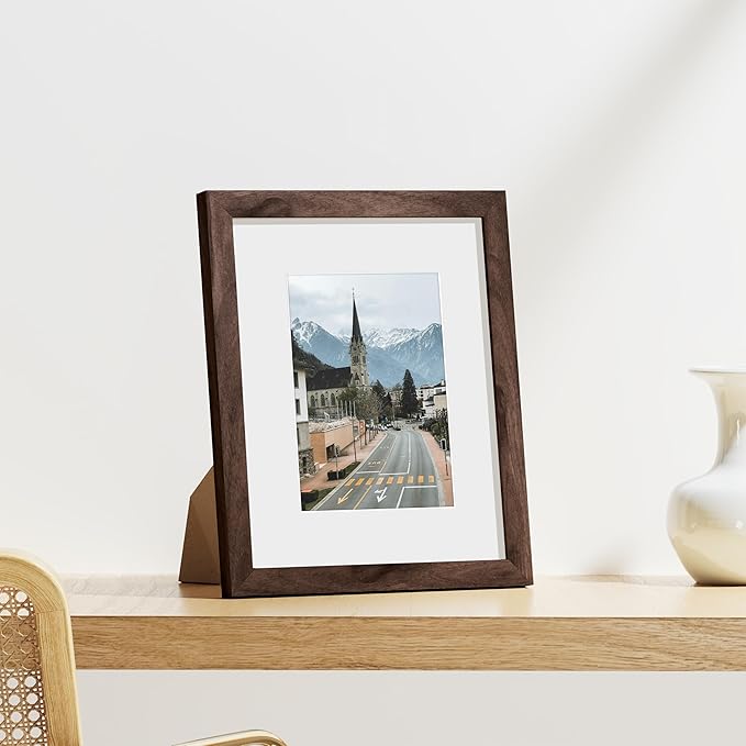 Vittanly 8x10 Picture Frames Set of 9, Shatter Resistant Plexiglass, Display 5x7 Pictures with Mat or 8x10 without Mat, Photo Frames for Wall or Tabletop, Engineered Wood, Walnut-Ruum Studio Home