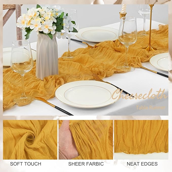 6 Pack Mustard 10FT Cheesecloth Table Runner Rustic Gauze Fabric Cheese Cloth Table Runner for Wedding Bridal Baby Shower Table Decor Boho Sheer Birthday Party Table Decorations 20 x 120 Inch Long-Ruum Studio Home